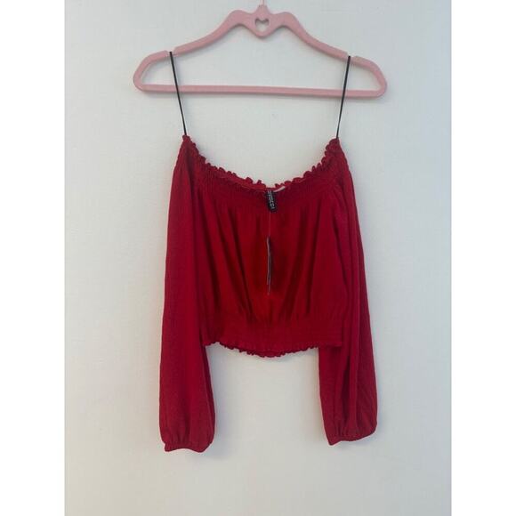 DIVIDED H&M Red Off the Shoulder CropTop Sz Xs NWT Boho Indie Folk American West - Picture 3 of 3